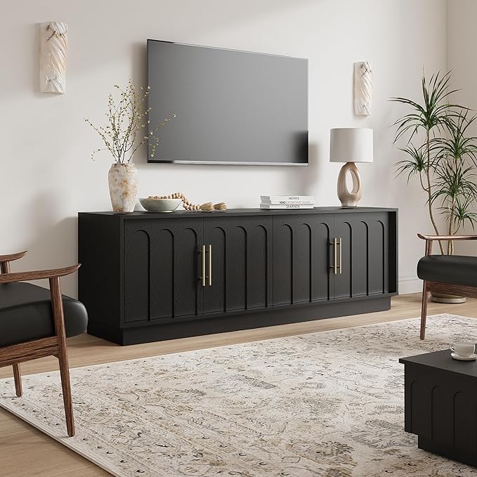 TV Stand for 75 Inch TV, 67" Entertainment Center with Arched Design, Minimalist Media Console with Adjustable Shelves, Modern TV Stand for Living Room Bedroom, Black