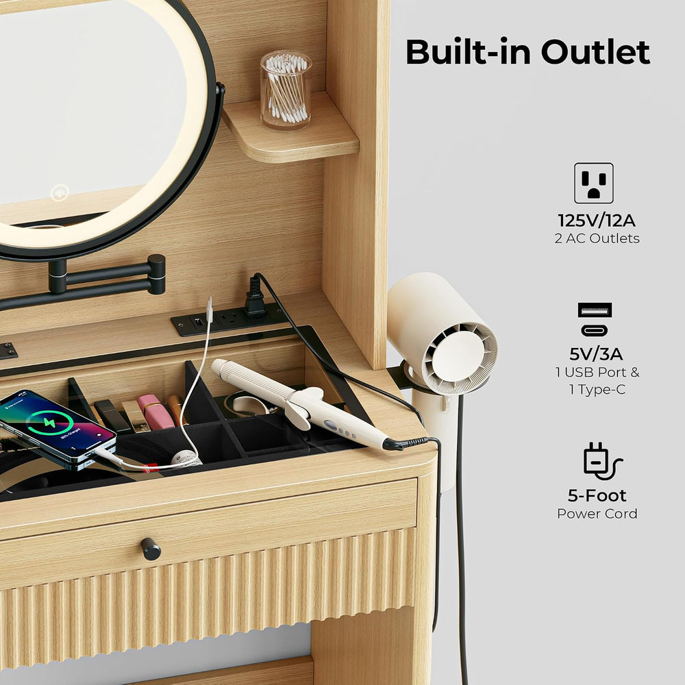 IRONCK Small Vanity Desk with LED Mirror, Glass Top & Storage Stool | 26-...