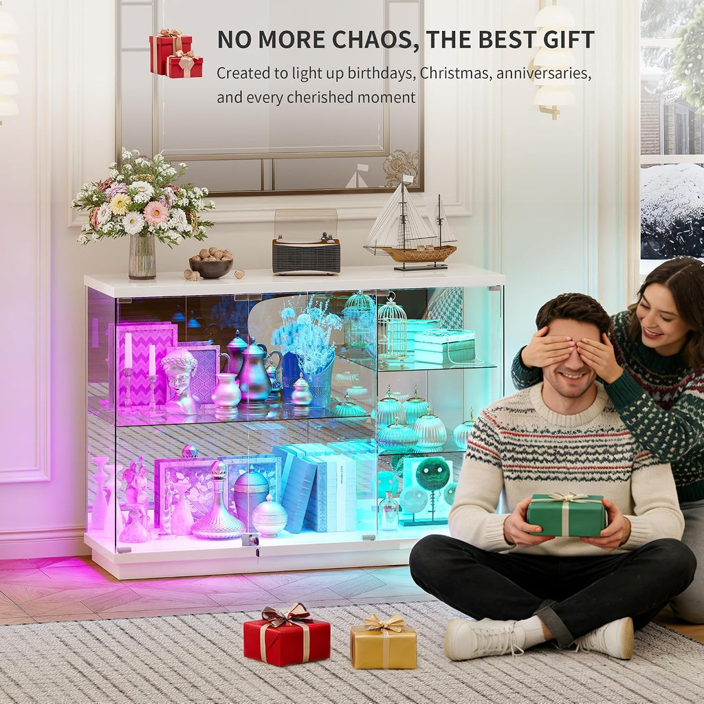 RGB Glass Display Cabinet - with Human Body Sensor, High Gloss Sideboard with Lock & Glass Shelves for Toys, Books, Collectibles, Liquor, Bookcase for Living Room, Kitchen, Study, White