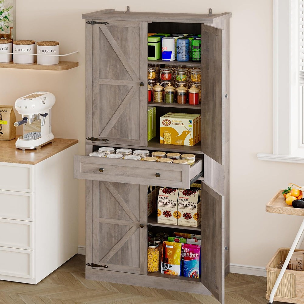 BORNOON Pantry Organizers and Storage Cabinet, 67.7” Barn Door White Kitchen ...
