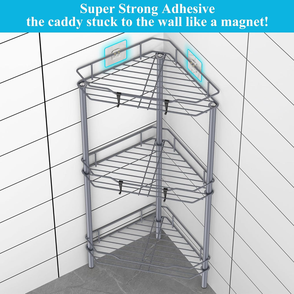 3 Tier Floor Standing Corner Shower Caddy Organizer Shelf with Hooks, Bathroom Shelves Stand Rack, Dark Gray
