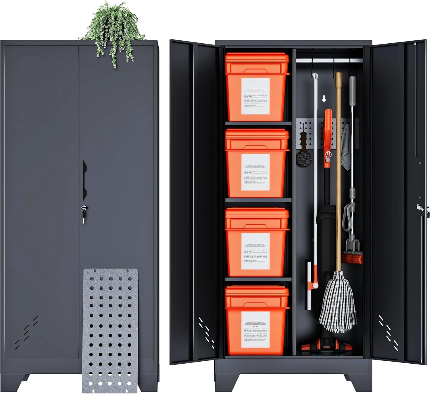 Storage Cabinet 61" H, Metal Outdoor Sheds with Shelves for Tools Storage, Cleaning Supplies Closet with Removable Pegboard for Outdoor, Garage, Utility Room