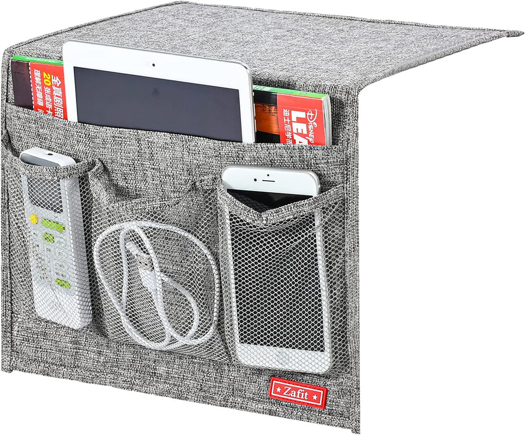 Linen 4 Pockets Bedside Caddy, Bedside Storage Organizer for Magazine, Remotes, Phone (Classic Grey)
