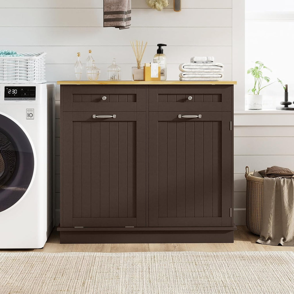 Tilt Out Trash Cabinet, Laundry Cabinet with 2 Drawers & Adjustable Shelf, Rubber Wood Counter Top, Recycle Bins for Dining Room, Kitchen (Brown)