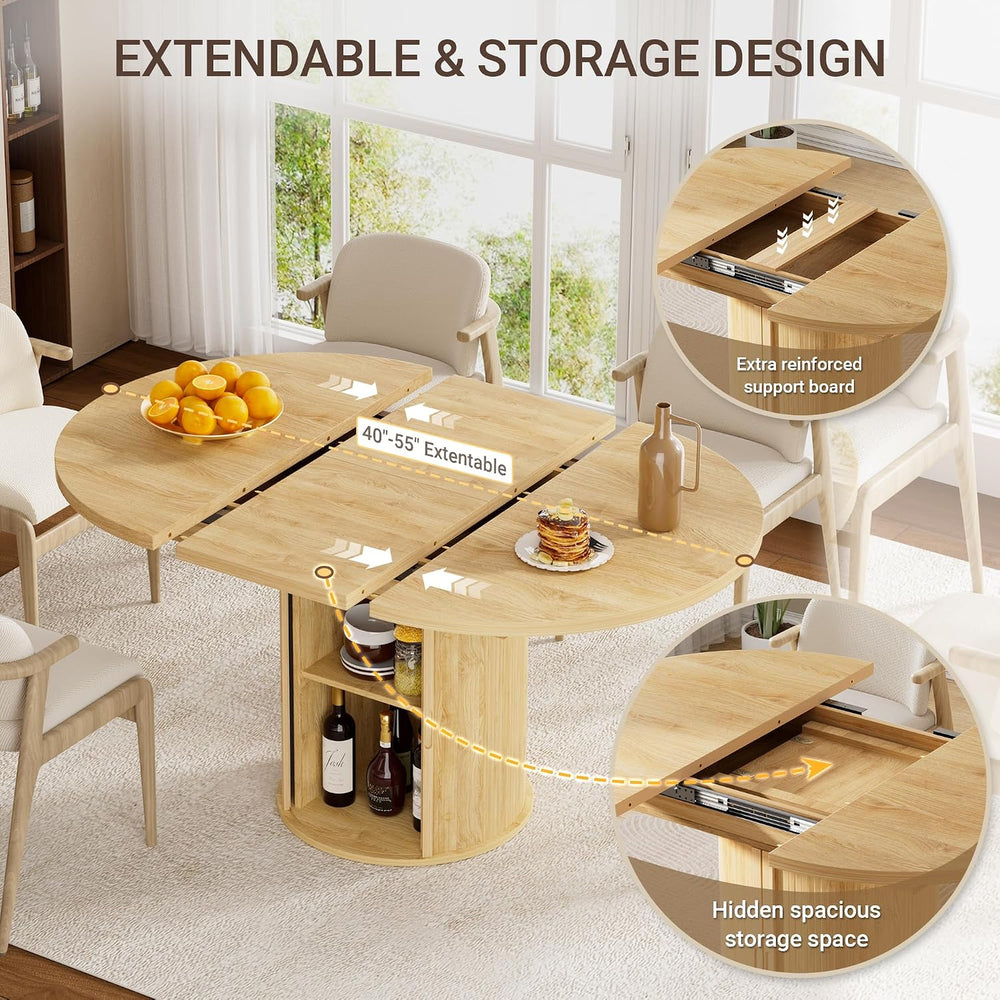 40-55in Extendable Round Table for 4-6, Multi-Use Oval Dining Table with Hidd...