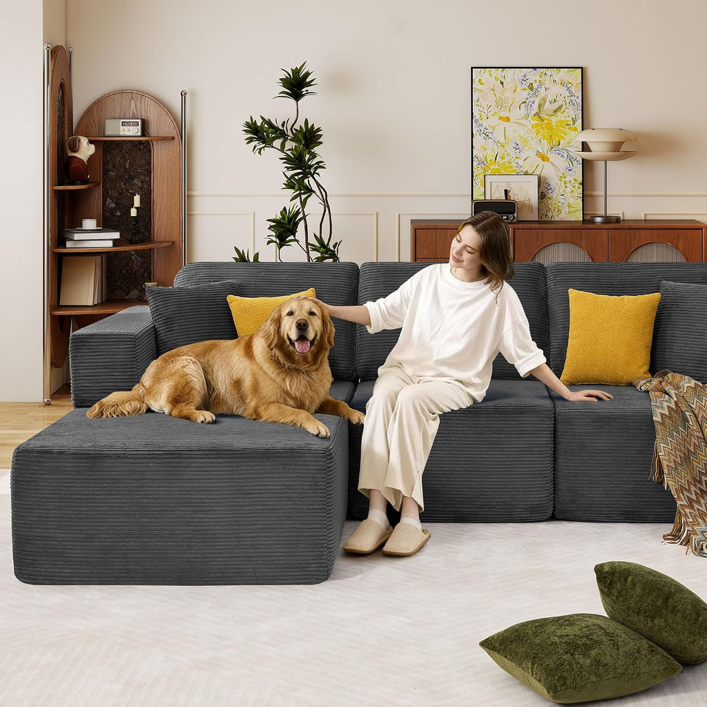 109” Cloud Sectional Couch, Boneless Modular Sofa with L-Shape Chaise, Deep Seat Corduroy Couch, No Assembly Required, Modern Upholstered Sectional for Living Room Apartment Bedroom
