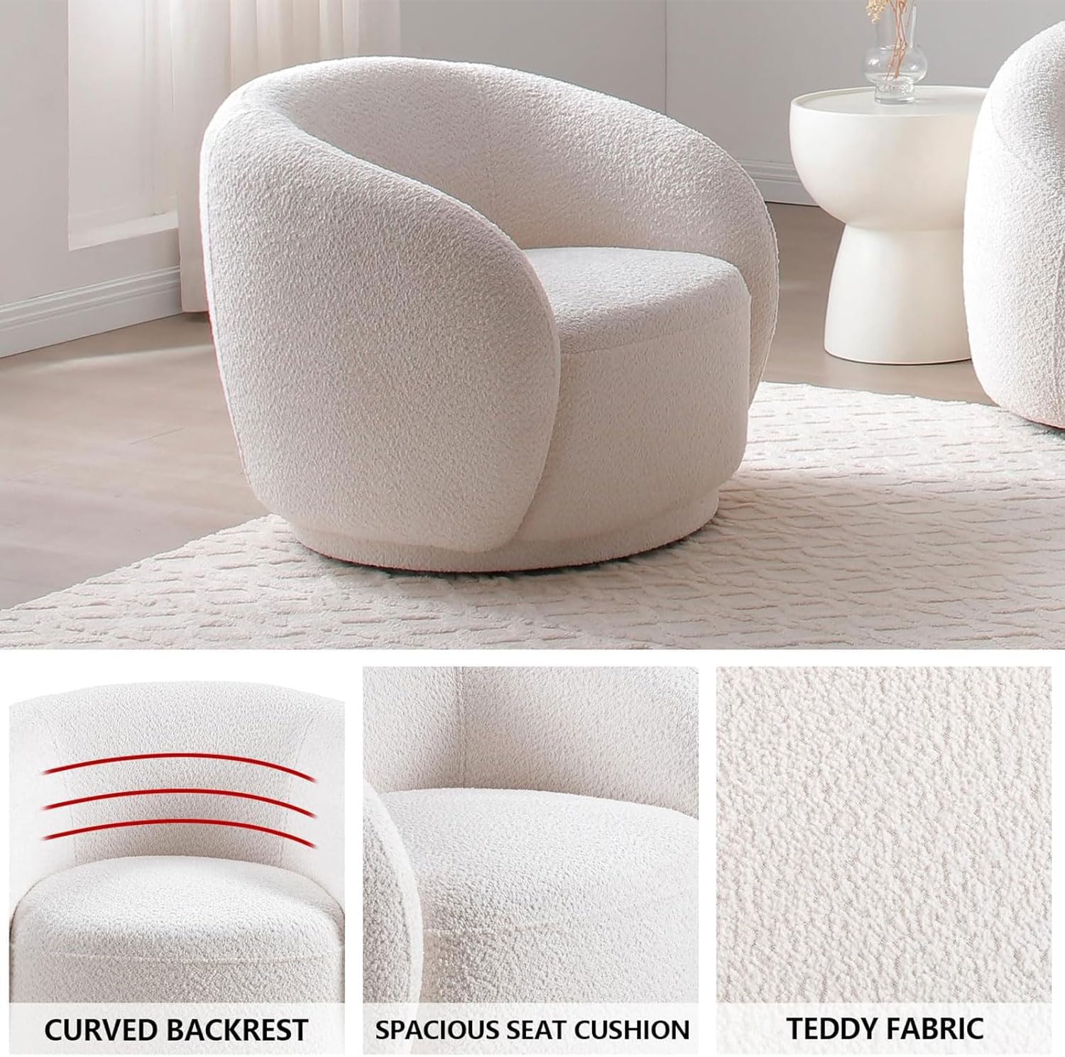 Set of 2 Swivel Barrel Accent Chairs, White Boucle Chairs | 33.07" 360° modern upholstered armchairs with thick cushions and round reading chair style for living rooms and bedrooms.