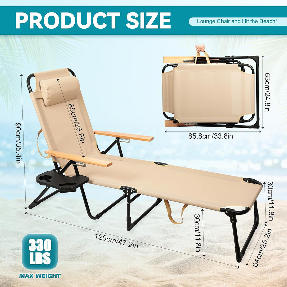 Beach Lounge Chair, Folding Outdoor Chaise Lounge Chair with Arms, 4-Position...