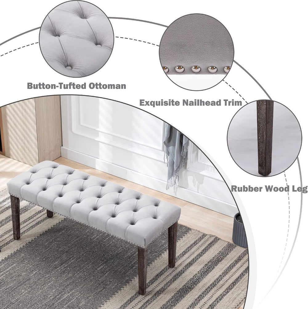 KCC Button-Tufted Ottoman Bench, Upholstered Velvet Bedroom Benches,Gray