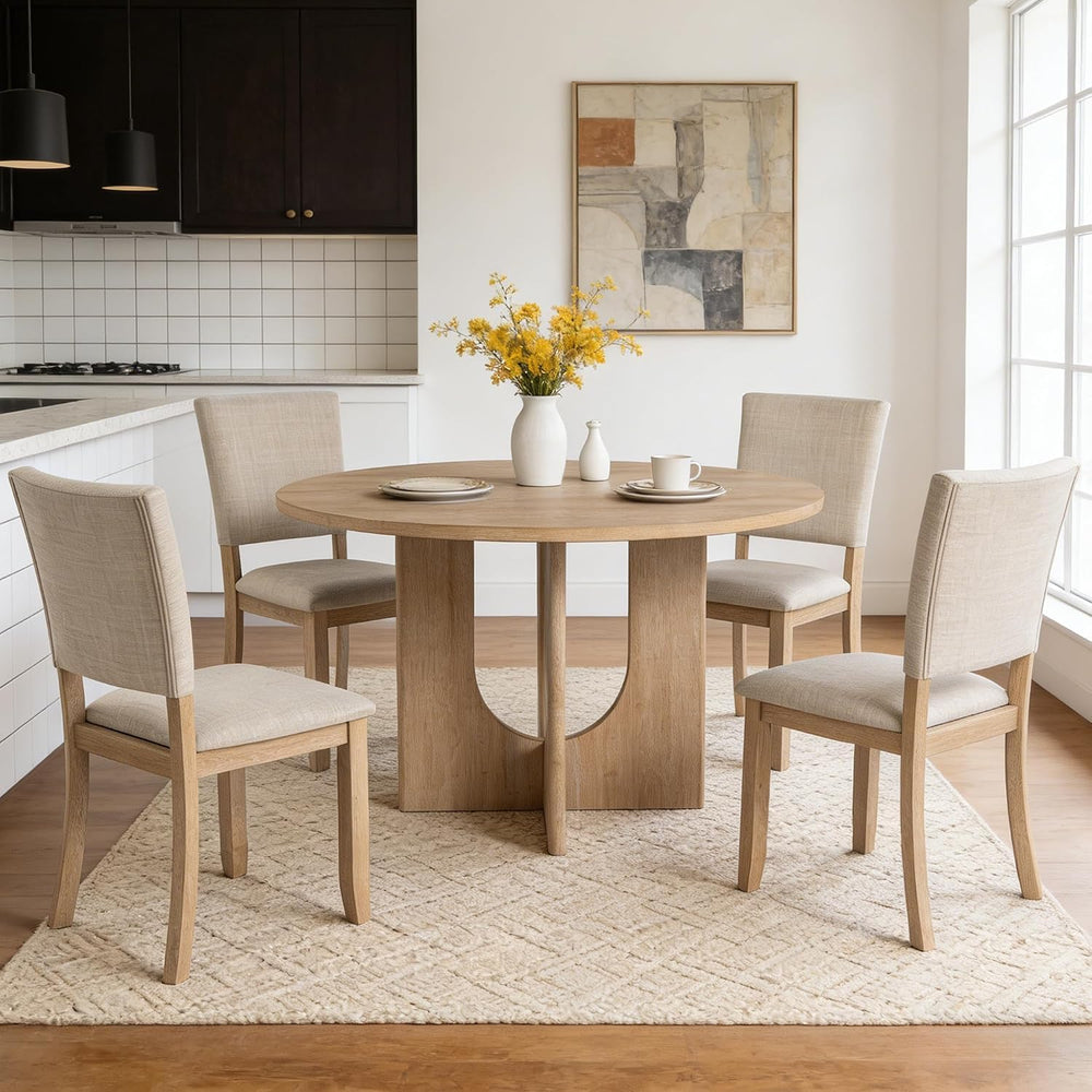 leovanni Round Dining Table Set for 4, Kitchen Table with 4 Upholstered Chair...