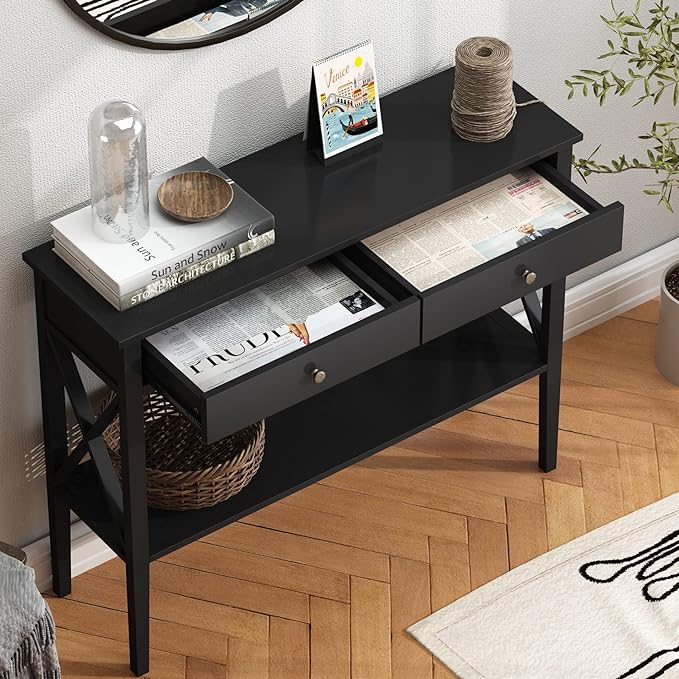ChooChoo Console Table with Drawers, Narrow Wood Accent Sofa Table Entryway T...