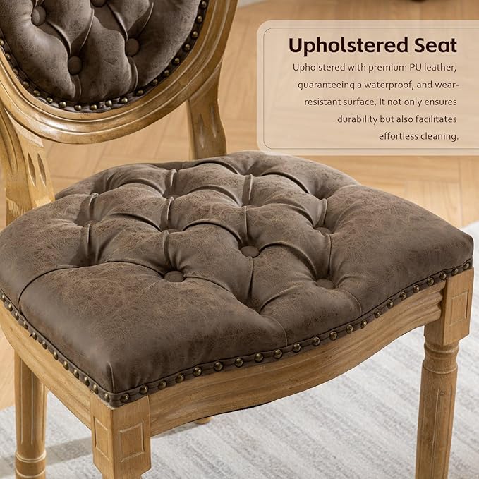 PU Leather Upholstered Dining Chairs Set of 2 French Country Round Back Kitchen Side Chairs with Nailhead Trim and Wood Legs for Dining Room, Kitchen, Restaurant(Brown)