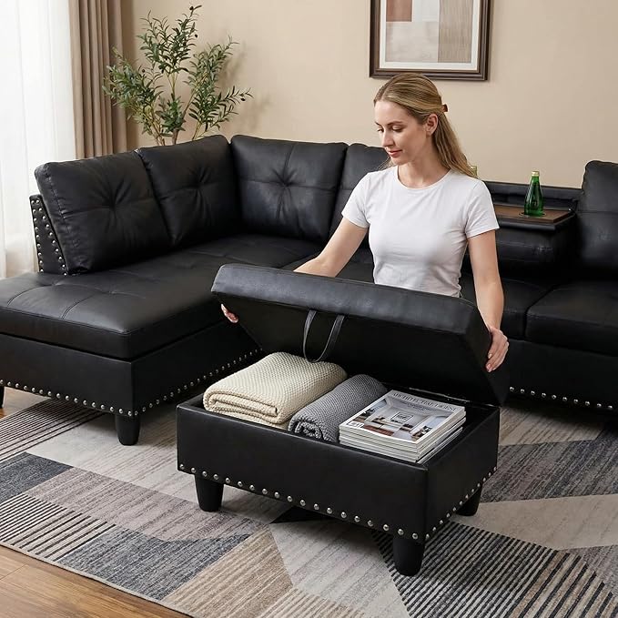 Sectional Couches for Living Room with Movable Chaise & Storage Ottoman - 97.5" Leather L Shaped Couches for Living Room Apartment, Home Modular Sectional Sofas with Cup Holder, Black