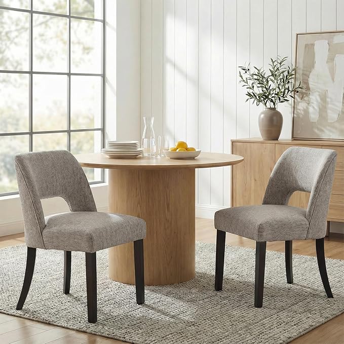 keoni Wooden Dining Chairs Set of 6, Mid Century Modern Upholstered Dining Room Chairs with Black Wood Legs, Fabric Farmhouse Kitchen Chairs with Foot Pegs for Dining Room, Light Grey