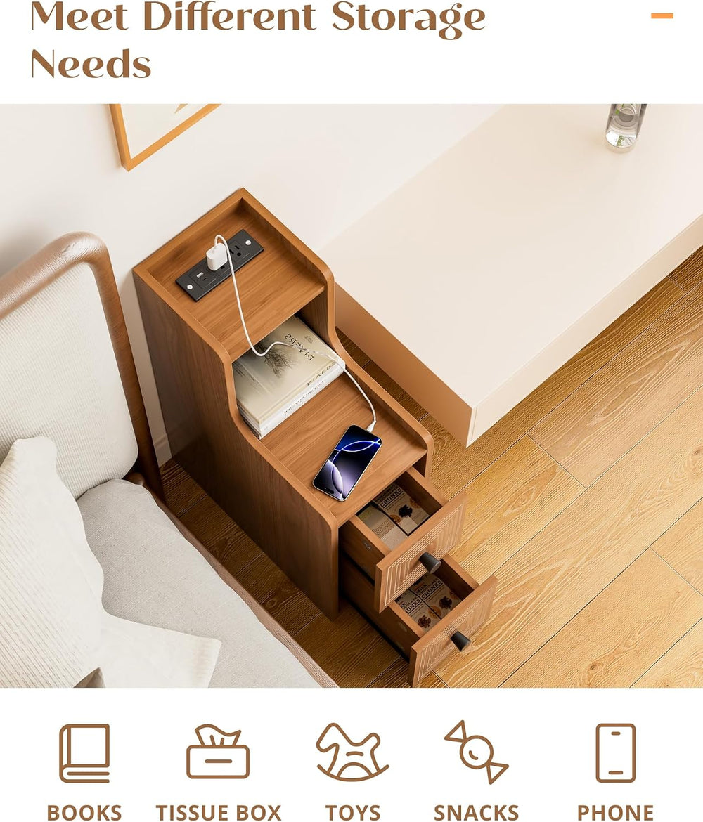 Set of 2 Narrow End Table with Charging Station, Wooden Slim Side Table with ...