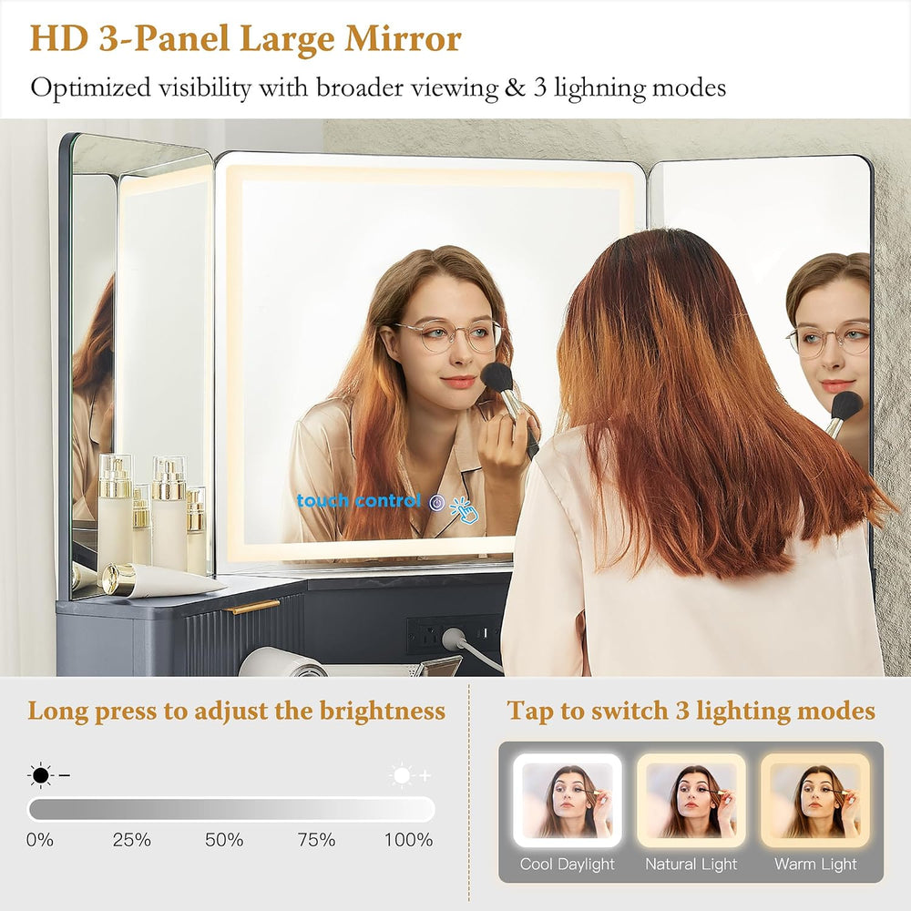T4TREAM 48" Corner Makeup Vanity with Lighted Triple Mirror, Dark Grey