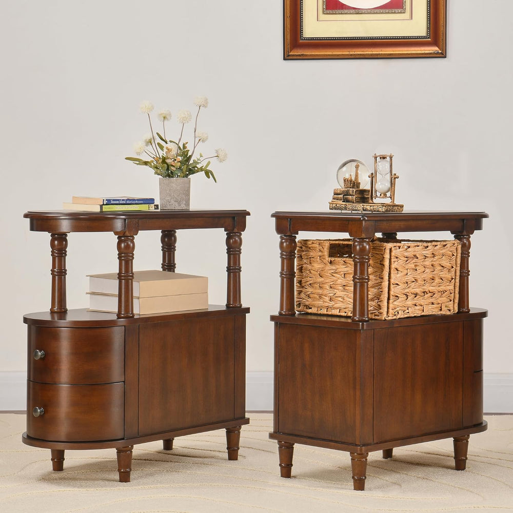 Narrow End Table Set of 2 with 2 Storage Drawers, Vintage Sofa Beside Table, ...