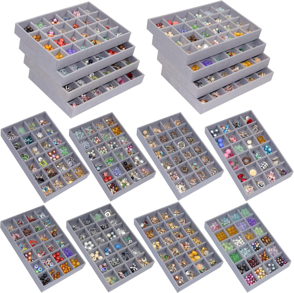 Stackable Jewelry Organizer Tray 24-Grid Velvet Jewelry Drawer Inserts Earring Organizer for Women Jewelry Display Box Case for Earring Rings Stud Necklaces (Set of 8, Grey