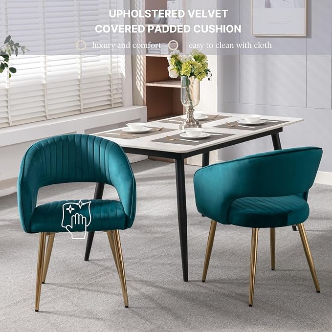 Teal Velvet Dining Chairs Gold Legs, Modern Dining Room Chairs with Arms Set of 2 Upholstered Accent Chair Armchair with Barrel Back for Kitchen Living Room