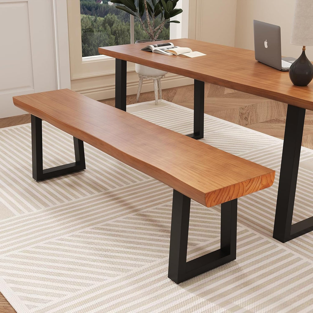 Durable Solid Wood Top Bench with Sturdy Metal Legs – Versatile Dining & Office Seating - Multi-Size Options Ideal for Living Room, Dining Room, and Home Office(Dark yellowbench, 62.99in)