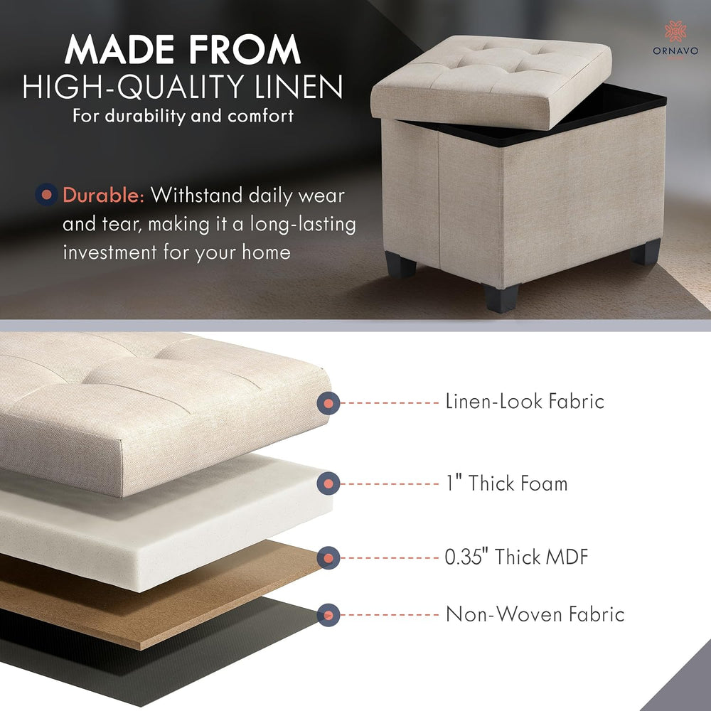 Ornavo Home Small Rectangle Storage Ottoman with Legs, 12x16x12, Beige | Foot...