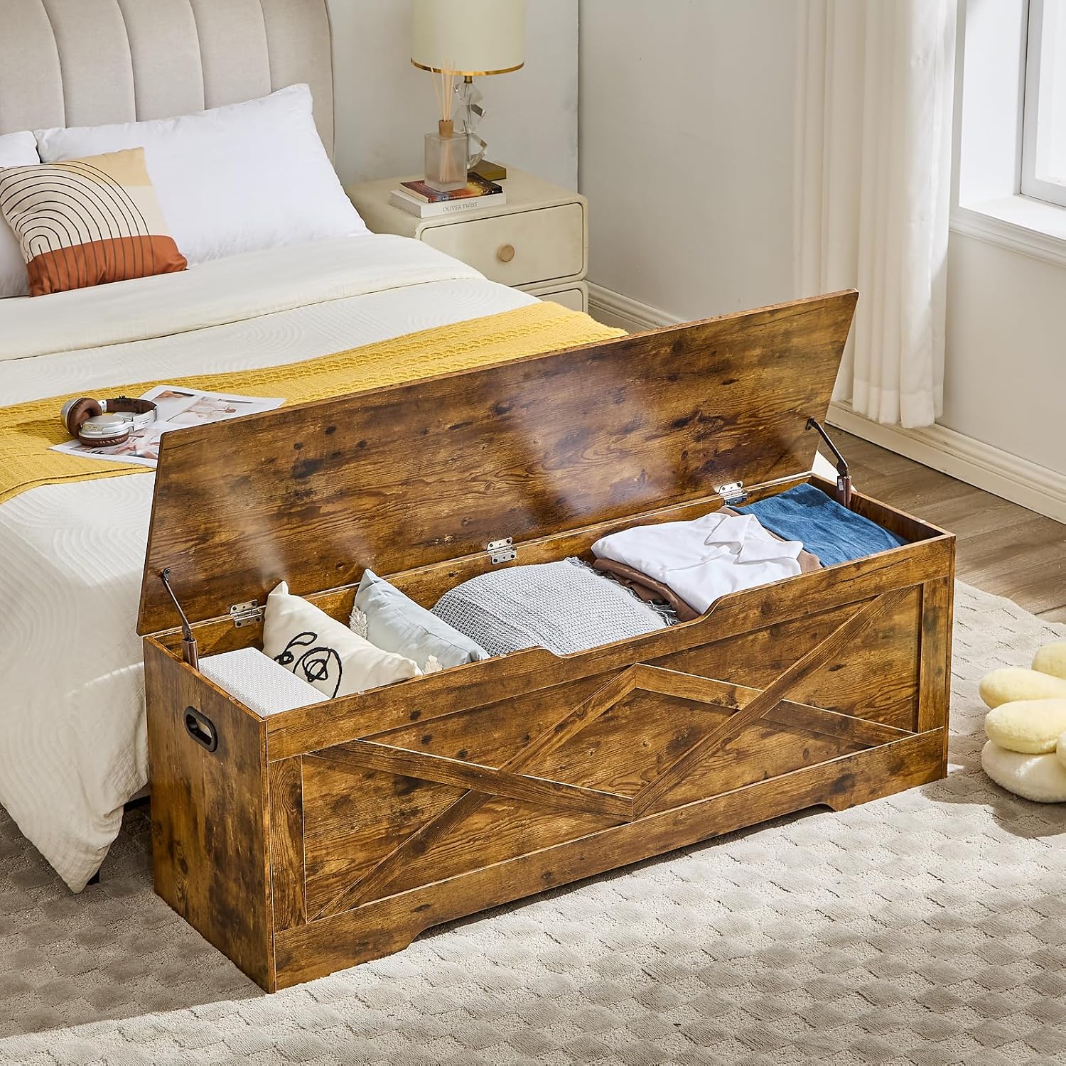 55.1" Storage Bench,Storage Chest for Entryway, Mudroom & Bedroom | 55.1L”x15.7W”x19.1H” Wooden Storage Bench,Storage Trunk with 2 Safety Hinges,Supports 220 lb,Easy Assembly(Rustic Brown)