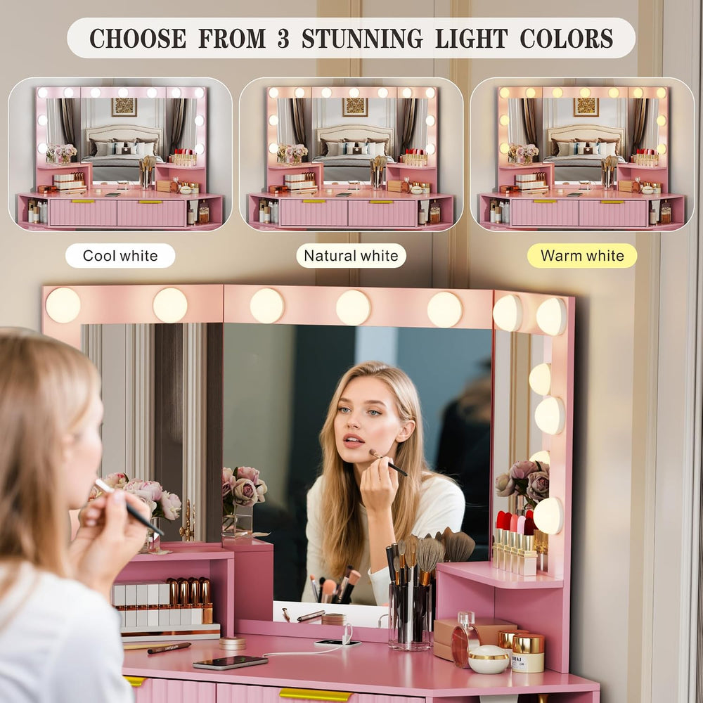 Corner Makeup Vanity with LED Triple Mirror and Charging Station - Pink | SKK...