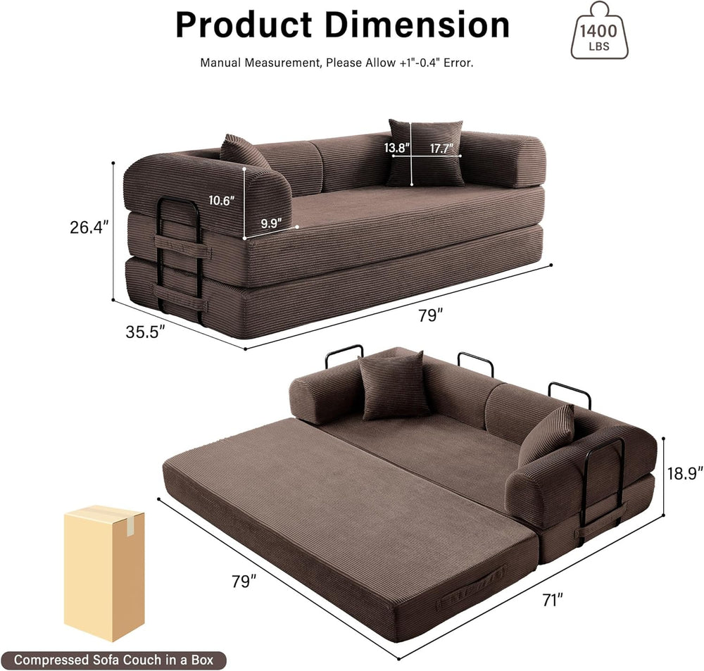 79" Convertible Sofa Bed, 5-in-1 Corduroy Couch Bed Sofa Pull Out, Memor...