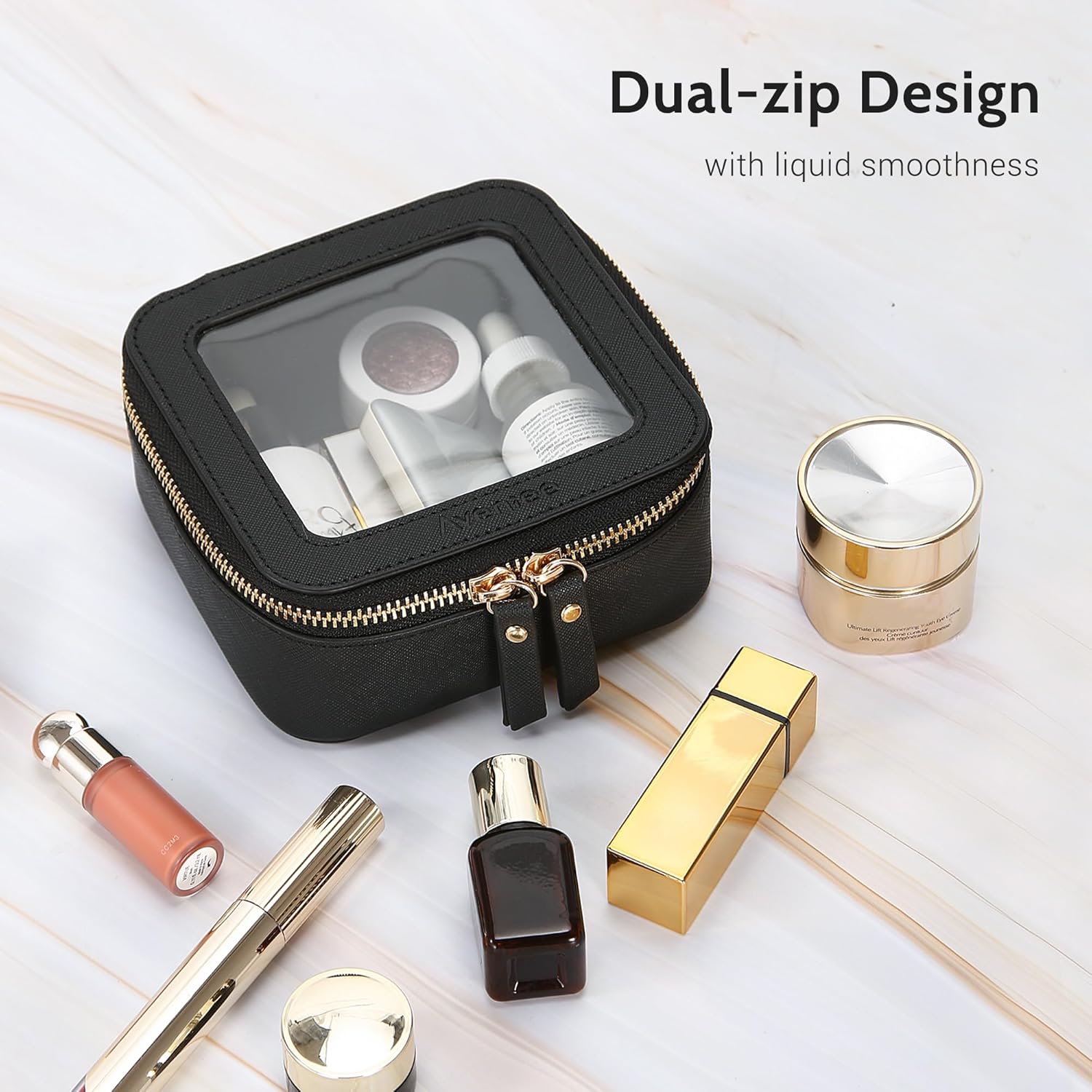 Aveniee Mini Clear Makeup Bag, Small Cosmetic Bags Travel Toiletry Pouch Organizer, TSA Approved Make up Case with Zipper, Car Bag for Essentials,Black