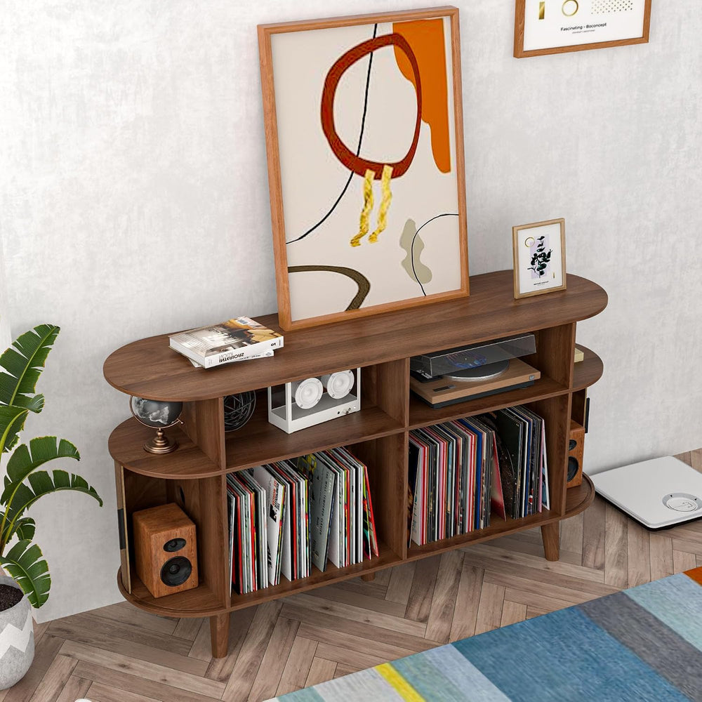 Large Walnut Record Player Stand with Charging Station, Mid-Century Turntable...