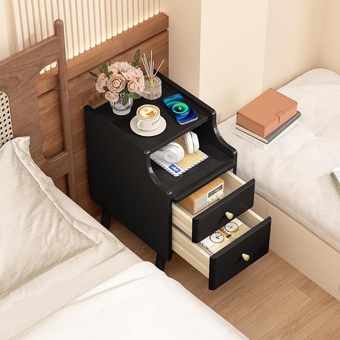 Narrow Nightstand, Solid Wood Night Stand with 2 Drawers, White Mid Century M...