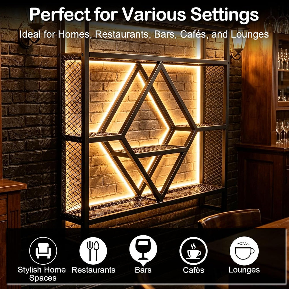Wall Mounted Wine Rack with LED Light, 39.4in Industrial Metal Wine Bottle Di...