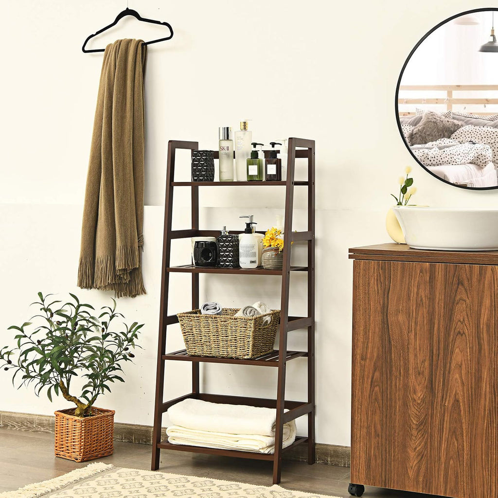 Giantex 4-Tier Ladder Shelf, Multifunctional Ladder-Shaped Bookcase Storage Shelves, Bamboo Plant Stand Flower Pots Holder, Display Rack for Living Room Bathroom Bedroom Kitchen (Espresso)