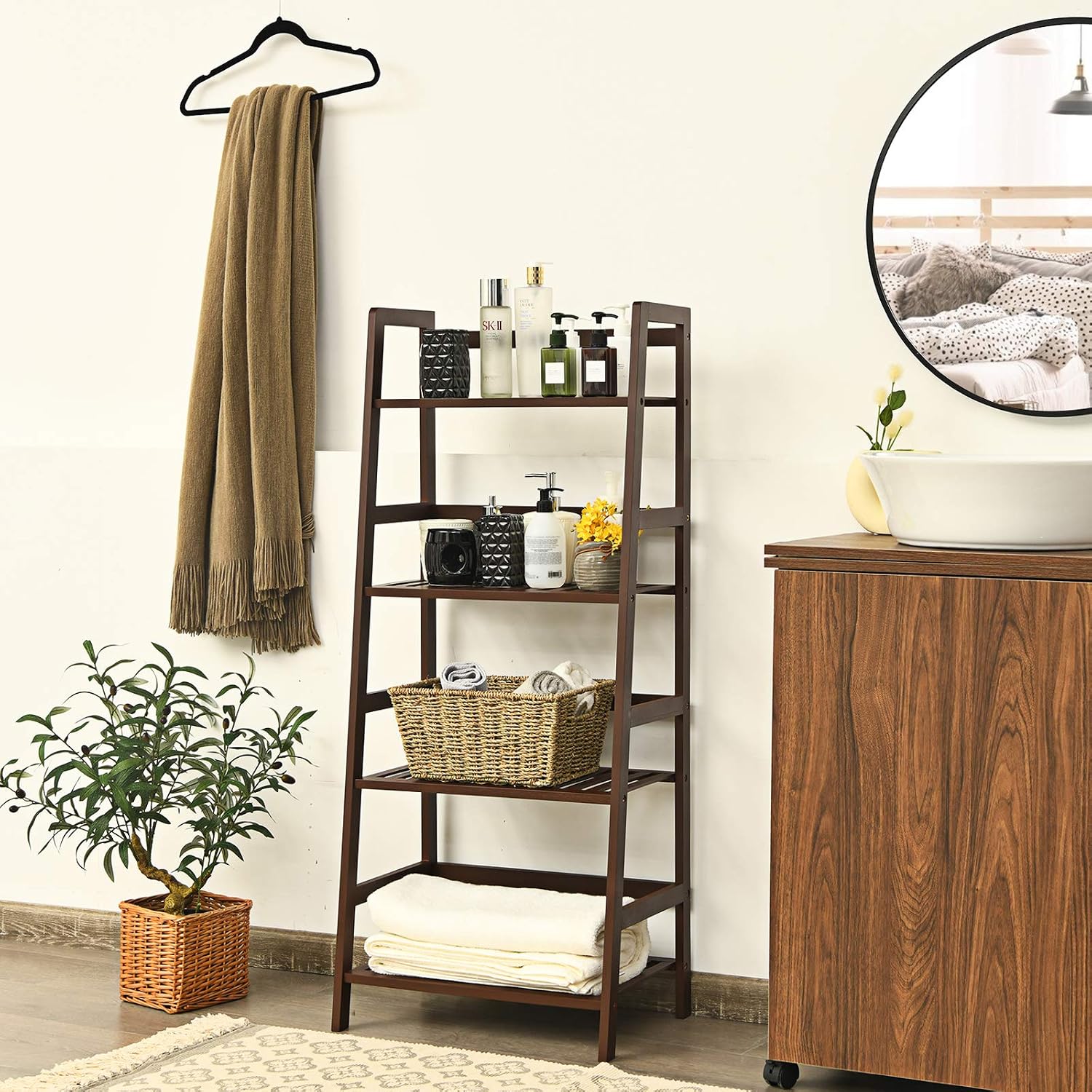 Giantex 4-Tier Ladder Shelf, Multifunctional Ladder-Shaped Bookcase Storage Shelves, Bamboo Plant Stand Flower Pots Holder, Display Rack for Living Room Bathroom Bedroom Kitchen (Espresso)