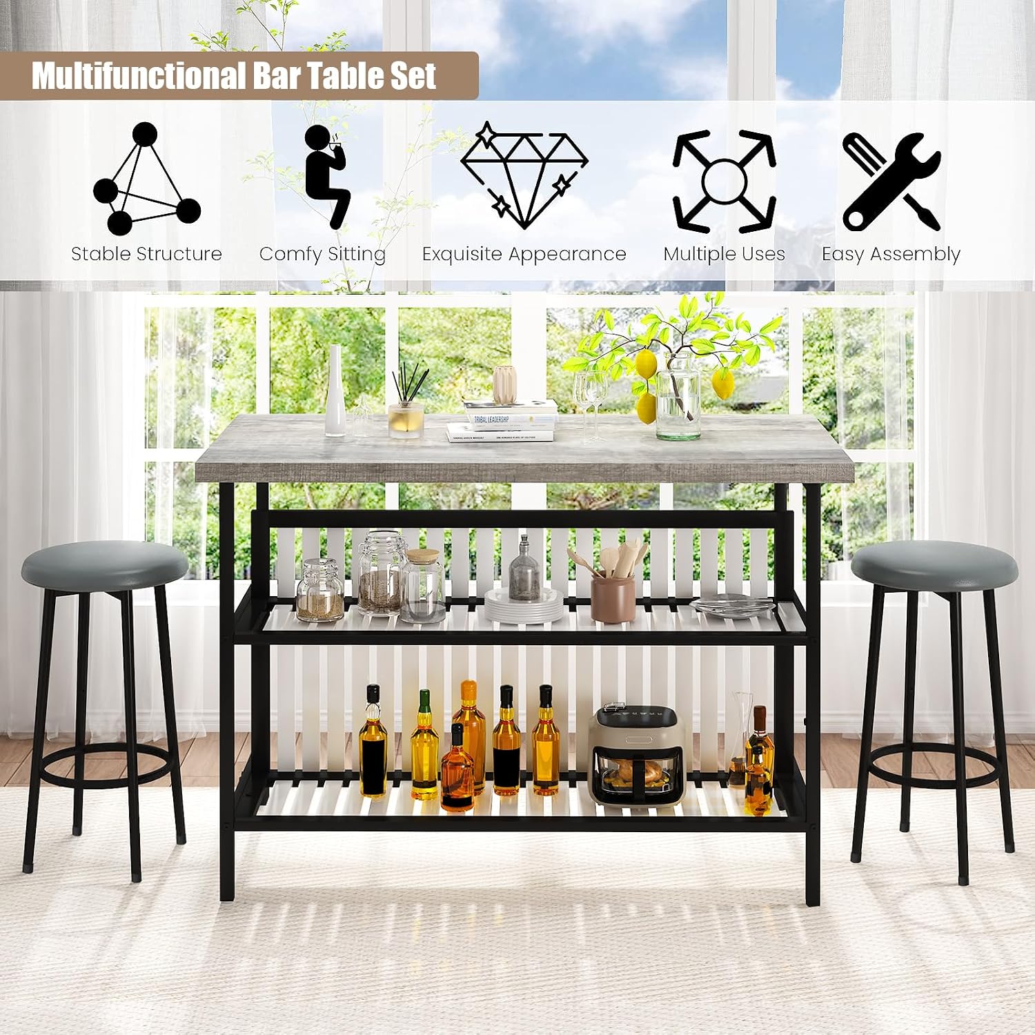 AWQM Kitchen Island with Seating & Storage, Bar Table and Chair Set, Grey | Modern Bar Table and Chairs Set for 2, Faux Marble Island Table, with 2 Chair, For Small Space, Apartment, Home Bar