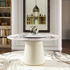59" Round Dining Room Table, Faux Marble Dining Table for 8 Person with 31.5" Detachable Lazy Susan, Sintered Stone Dining Table with Carbon Steel Base and Wrapped Cream PU for Home(Only 1 Table)