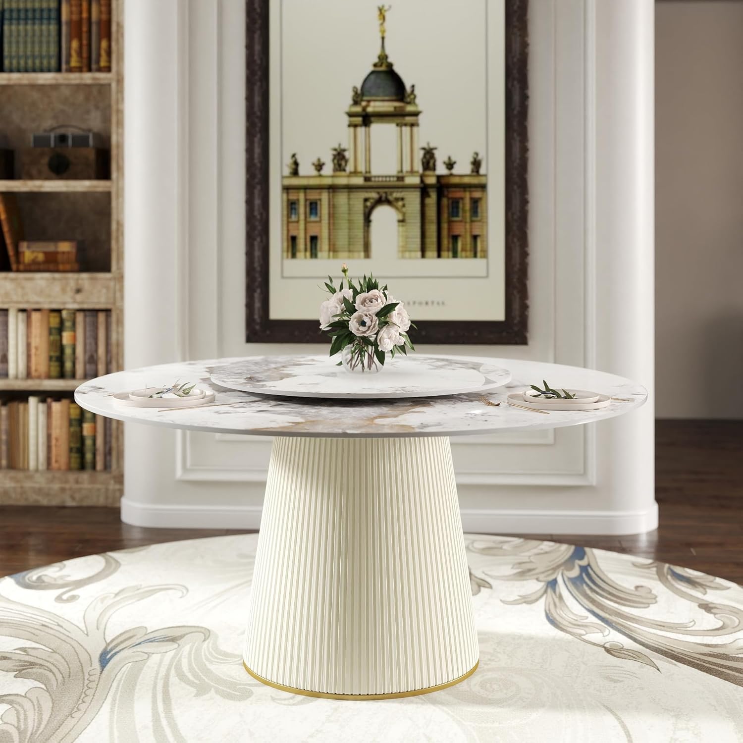 59" Round Dining Room Table, Faux Marble Dining Table for 8 Person with 31.5" Detachable Lazy Susan, Sintered Stone Dining Table with Carbon Steel Base and Wrapped Cream PU for Home(Only 1 Table)
