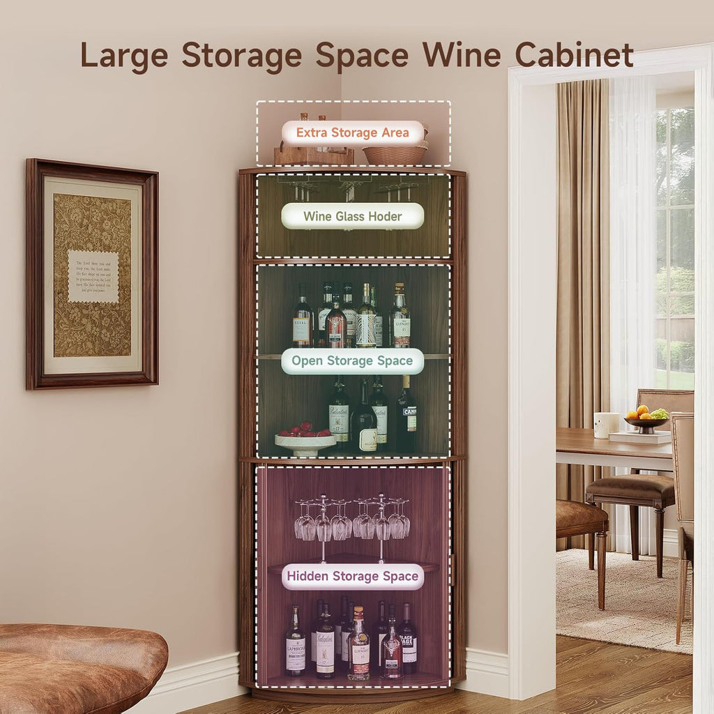 72" Tall Corner Bar Cabinet with LED Lights, Fluted Wine Bar Cabinet with Storage, Mid-century Modern Liquor Cabinets with Sliding Door & Wine Glass Holder, for Dining Room, Living Room Walnut