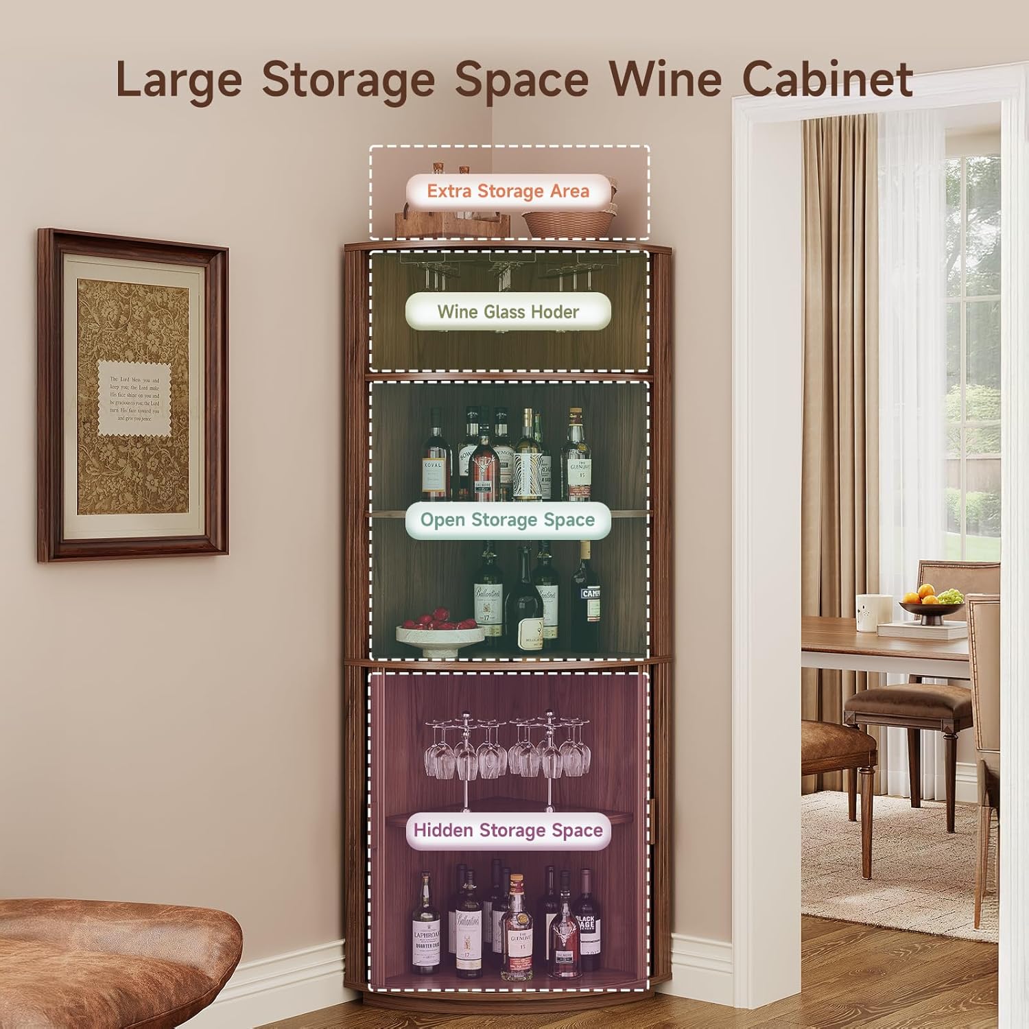 72" Tall Corner Bar Cabinet with LED Lights, Fluted Wine Bar Cabinet with Storage, Mid-century Modern Liquor Cabinets with Sliding Door & Wine Glass Holder, for Dining Room, Living Room Walnut