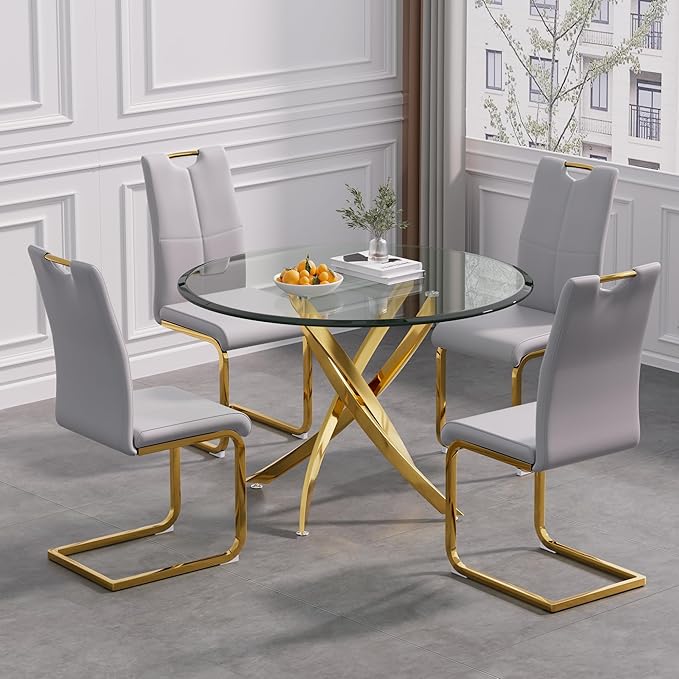Goujxcy Dining Chairs Set of 2, Modern High Back Kitchen Chairs with Metal Legs and Faux Leather Padded Seat Upholstered Dining Chairs for Dining & Kitchen,Living Room (Light Gray&Gold, Set of 2)