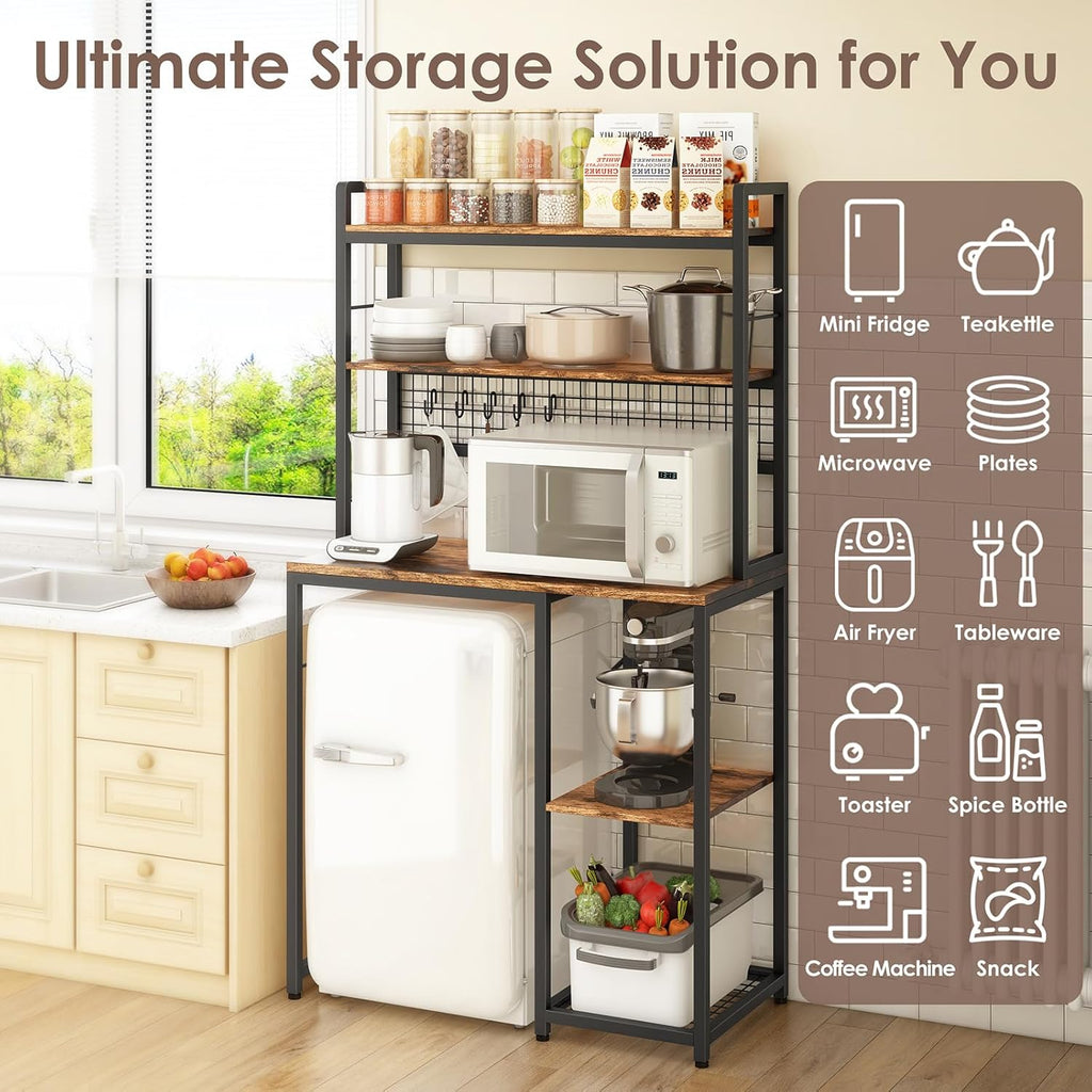 Multi-Functional Mini Fridge Stand, Mini Fridge and Microwave Storage Shelves with Power Outlet, Large Bakers Rack and Storage for Kitchen Appliances, Perfect for Dorm Kitchen Coffee Bar
