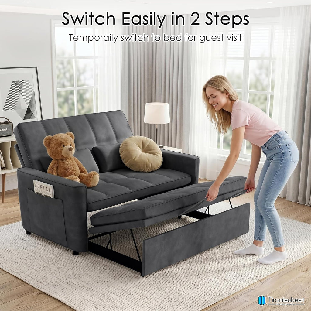 54'' Sleeper Sofa Bed, Convertible Pull Out Couch Futon for for Living Room,Apartment (Darkgrey, Loveseat) Side Pockets, Velvet Fabric, Adjustable Backrest, Pull-Out Bed, Easy Assembly
