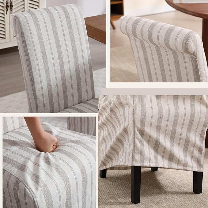 Parsons Dining Chairs Set of 2 Upholstered Linen Fabric Kitchen Chairs with Removable Skirt, High Back Side Chairs with Solid Wood Legs for Dining/Living Room, Banquet,Khaki