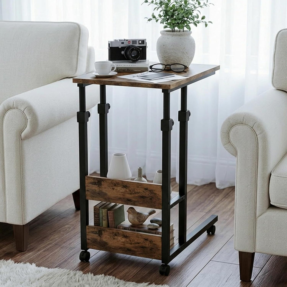 Gyfimoie C-Shaped End Table with Wheels, Side Table Adjustable Height, TV Tra...