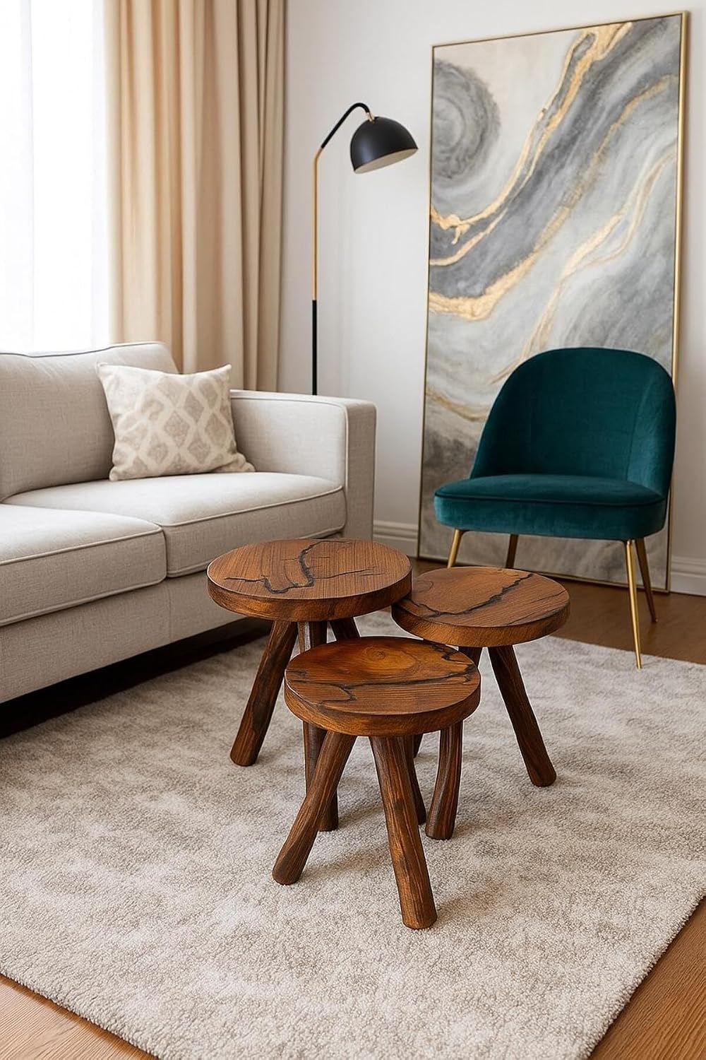 SODEF Set of 3 Round Coffee Tables, Wood Side Tables, Classic Retro Style, Wa...