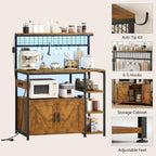 TVU Bakers Rack with Power Outlet and LED Light, Microwave Stand with Storage Cabinet, Coffee Bar Cabinet Station with 6 Hooks for Kitchen, Dining Room, Living Room, Coffee Bar, Rustic Brown, Black