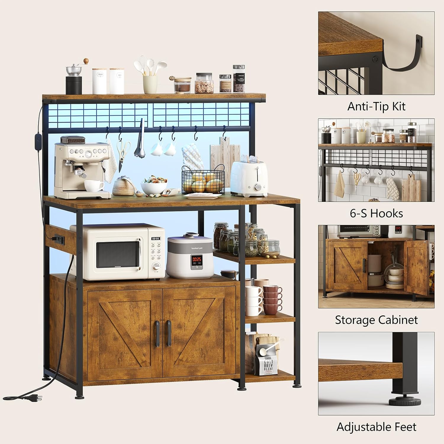TVU Bakers Rack with Power Outlet and LED Light, Microwave Stand with Storage Cabinet, Coffee Bar Cabinet Station with 6 Hooks for Kitchen, Dining Room, Living Room, Coffee Bar, Rustic Brown, Black