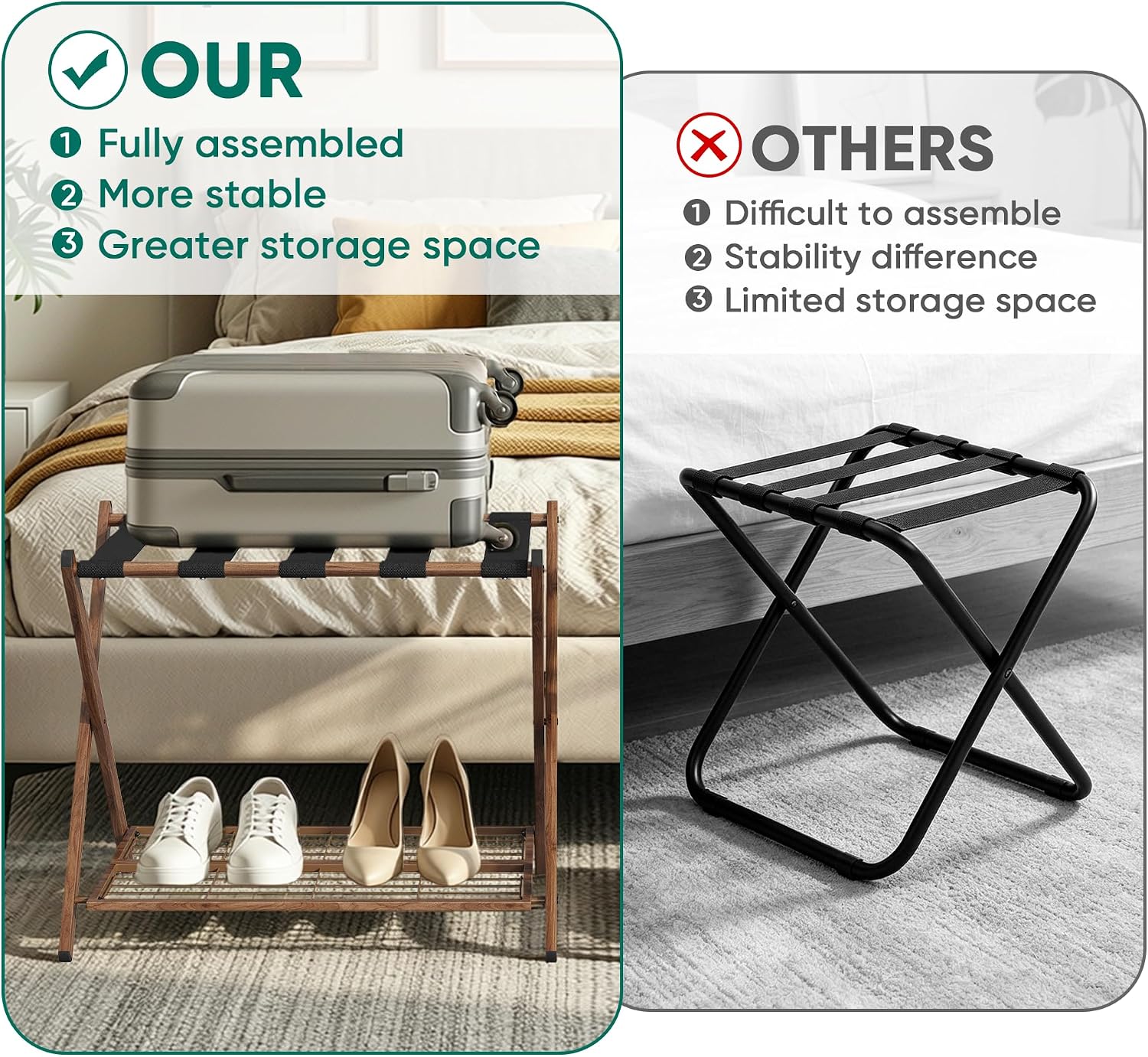 Smuxee Fully Assembled Walnut Grain Luggage Rack set of 2, Foldable Iron Suitcase Stand with 5 Nylon Straps, Luggage Holder with Shelf for Guest Room Bedroom Hotel
