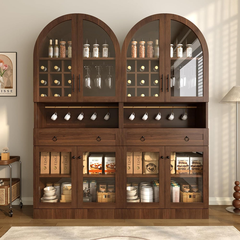 Merax 70" Tall Arched Farmhouse Pantry Cabinet with Glass Doors, Walnut ...