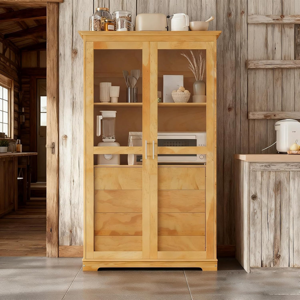 75" Tall Farmhouse Kitchen Pantry Cabinet with 2 Glass Doors & 4 Built-in Drawers, 44.7" Freestanding Pantry Storage Cabinet for Kitchen, Dining Room, Natural